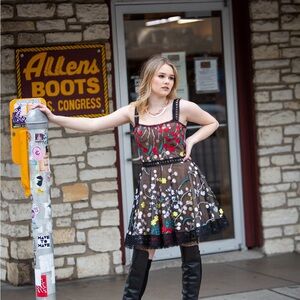 Bronx and Banco Ivana Flower Embroidered Tulle Flare Skirt Lace Trim Mini Dress